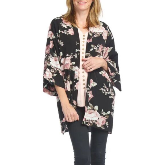 Papillon Black Multicolor Floral Boho Sheer Lightweight Kimono Cardigan Size S - Picture 1 of 10